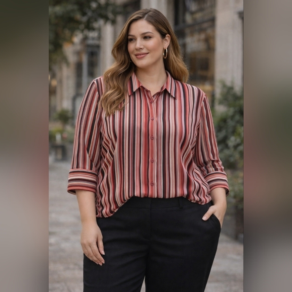 Striped Blouse Womens 1X Button Front Top Business Casual Chic Work - Picture 3 of 9